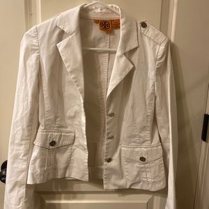 All white Tory Burch blazer with silver buttons